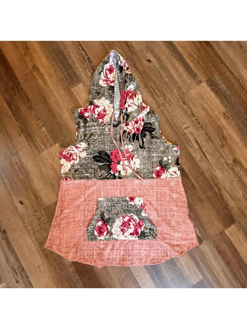 LuLaRoe Womens Large Brittany Floral Hoodie Tank Top Grey/pink Sleeveless